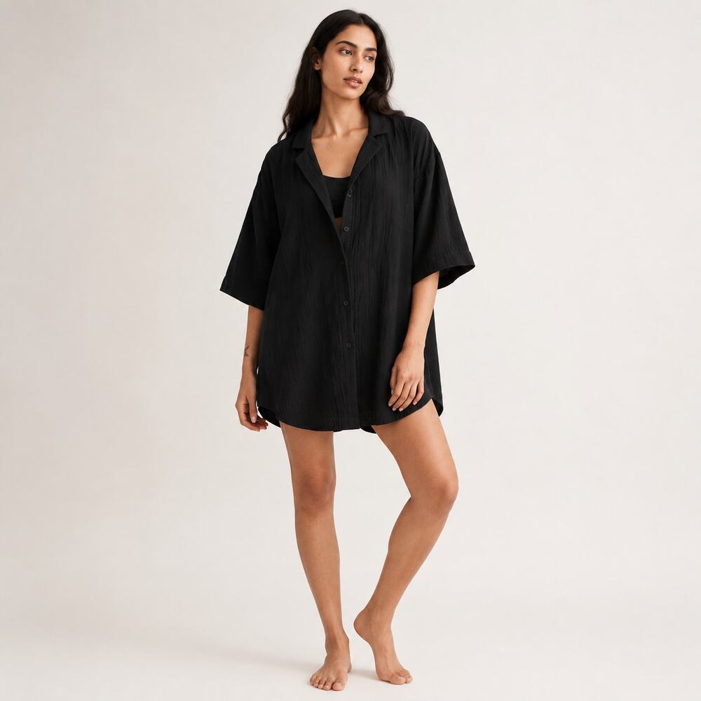 Madewell Lightspun Dress WMNS M Black Oversized Button Front Cotton Beach Resort